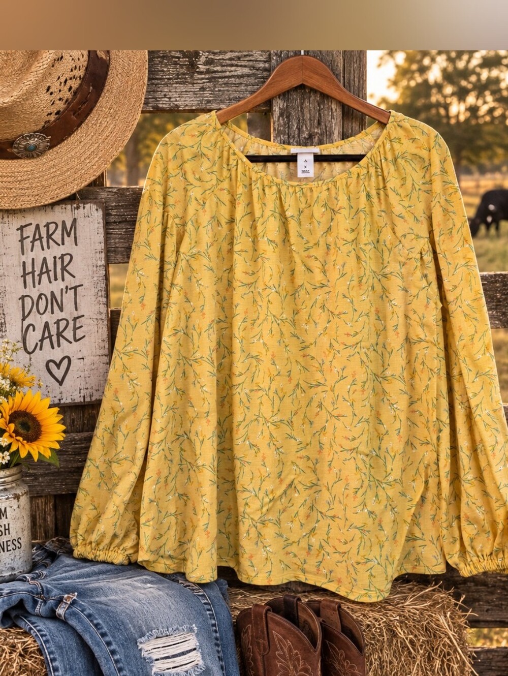 Ava & Viv XL Yellow Floral Botanical Peasant Blouse Long Sleeve Cottagecore Top